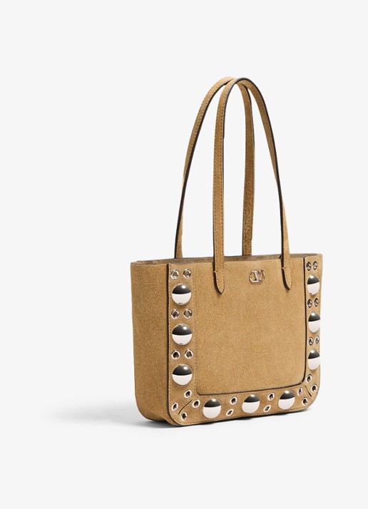 Valentino Garavani Shopper van suède met studs - voorkant 6 beige