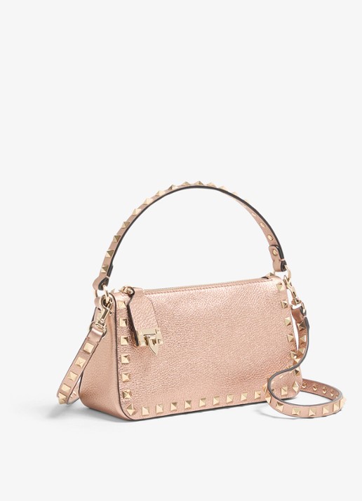 Valentino Garavani Small handtas van kalfsleer met metallic finish en studs - voorkant 6 roze