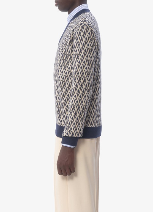 Valentino Garavani Toute la V fijngebreide pullover van scheerwol met grafische print - detail 2 donkerblauw
