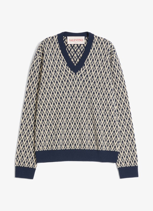 Valentino Garavani Toute la V fijngebreide pullover van scheerwol met grafische print - voorkant 7 donkerblauw