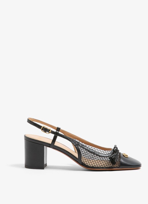 Valentino Garavani Valet Du Roi slingback van geitenleer met mesh details - voorkant 6 zwart