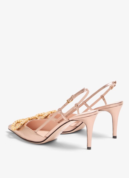 Valentino Garavani VLogo Signature slingback van schapenleer met metallic finish - achterkant roze
