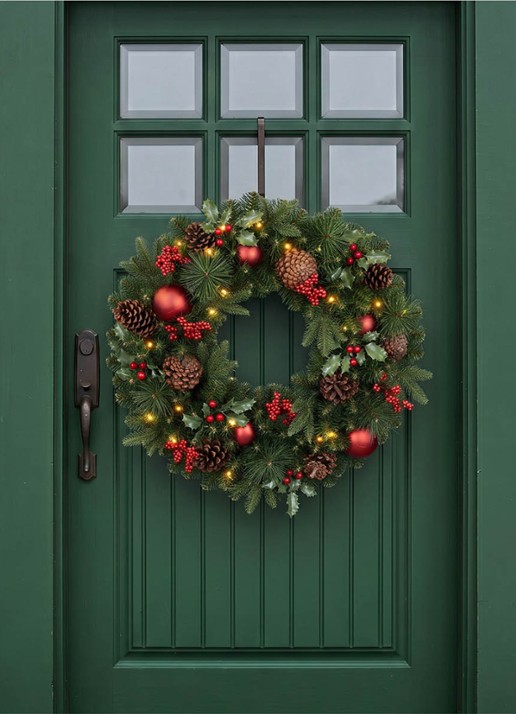 Van Der Gucht Victoria kerstkrans met LED verlichting 60 cm - detail groen