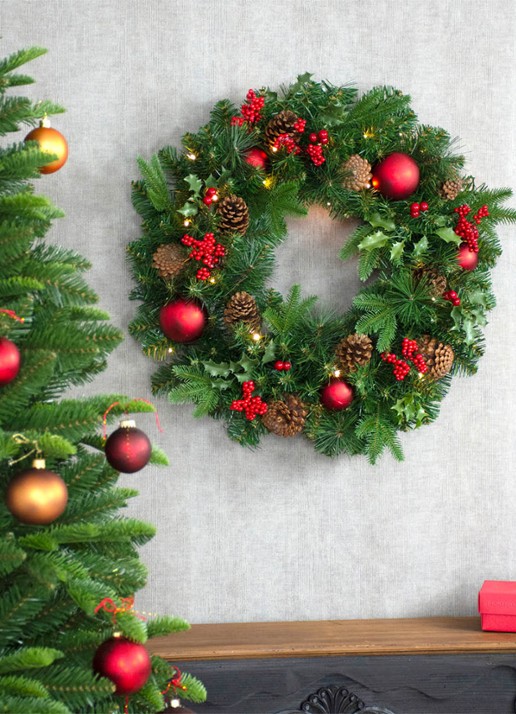 Van Der Gucht Victoria kerstkrans met LED verlichting 60 cm - voorkant 4 groen