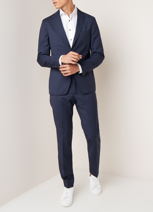 Van Gils Elray Welt tailored fit pak van scheerwol met micro pied-de-poule desisn - voorkant 8 blauw