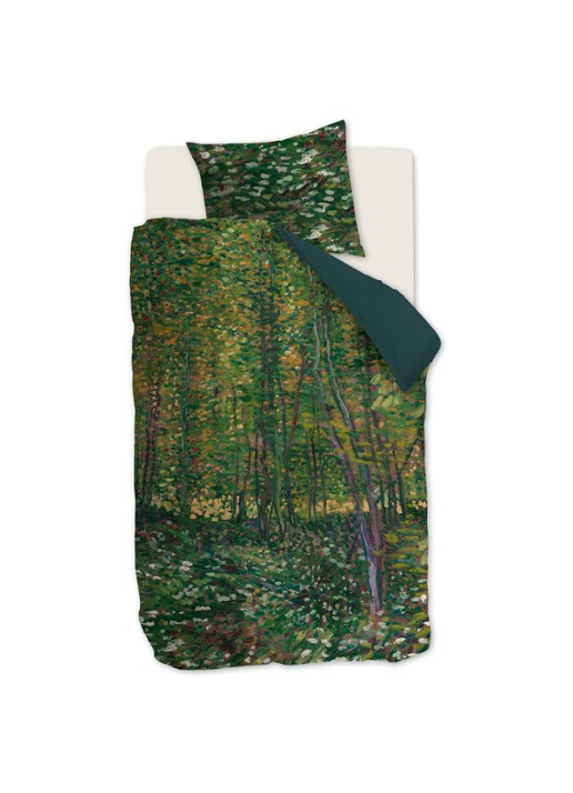 Van Gogh Museum Trees katoensatijn dekbedovertrekset - inclusief kussensloop - voorkant 3 lindegroen