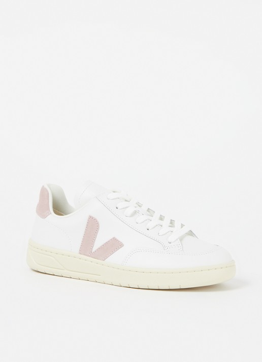 Veja V-12 sneaker van leer met suède details - voorkant roze
