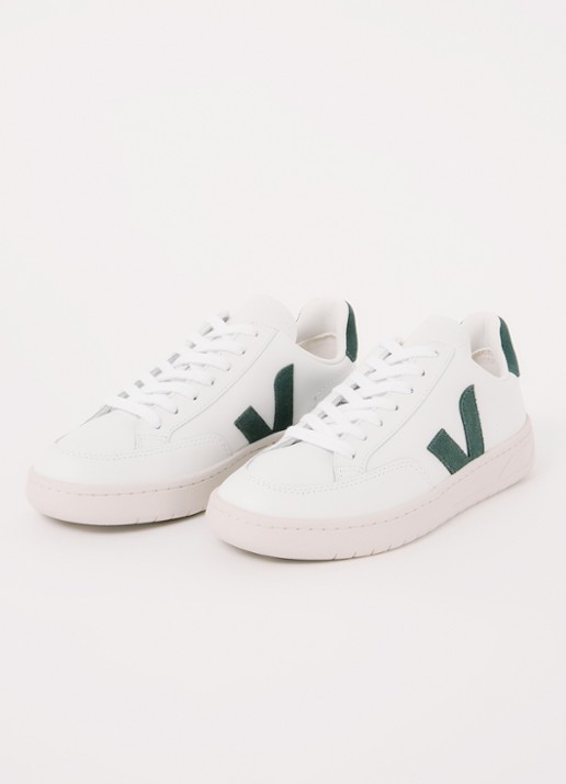 Veja V-12 sneaker van leer met suède details - detail 3 groen