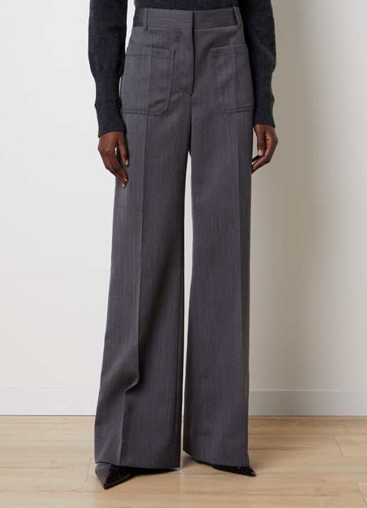 Victoria Beckham Alina high waist straight fit pantalon van scheerwol met gemêleerd dessin - detail 2 middengrijs