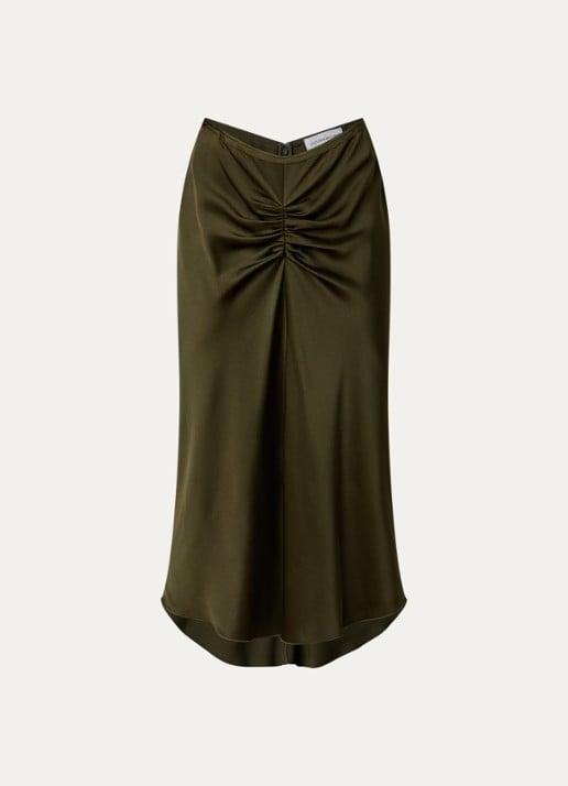 Victoria Beckham Bela midi rok van satijn met ruches - voorkant 4 mosgroen