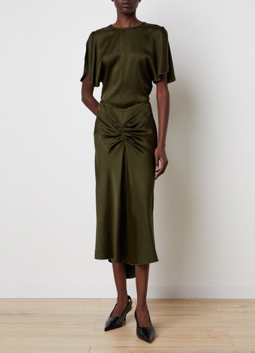 Victoria Beckham Bela midi rok van satijn met ruches - voorkant 5 mosgroen