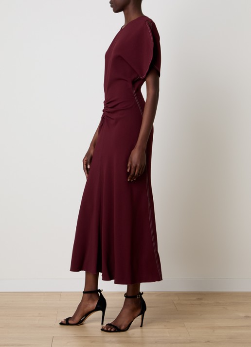 Victoria Beckham Midi jurk met plooidetail  - voorkant 3 donkerrood