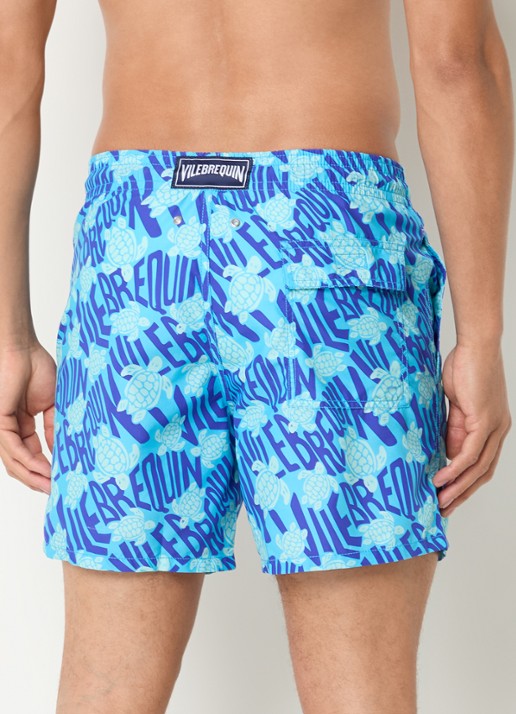 Vilebrequin Moorea zwemshorts met steekzakken en print - achterkant aquablauw