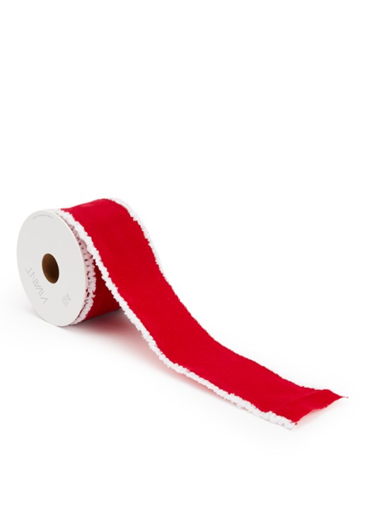 Vivant Velvet Snow Edge kerstlint 5 meter x 60 mm - voorkant rood
