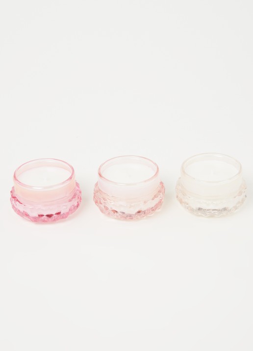 Voluspa Macaron geurkaars 51 gram set van 3  - voorkant 3 roze