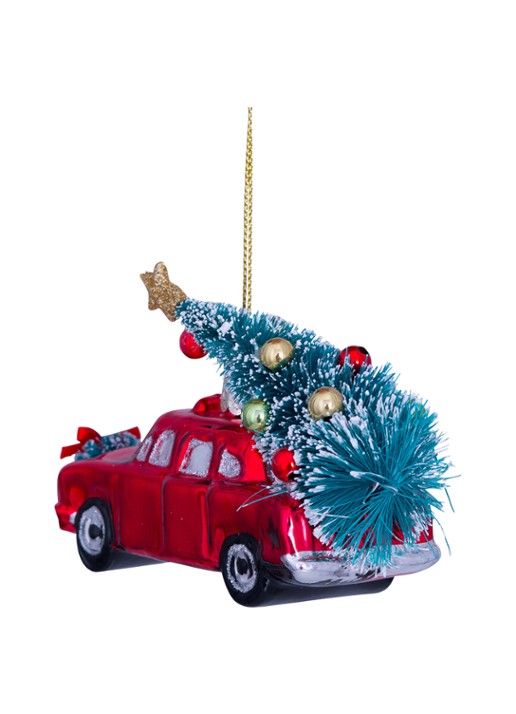 Vondels Auto met Kerstboom kersthanger 7,5 cm - achterkant 3 rood