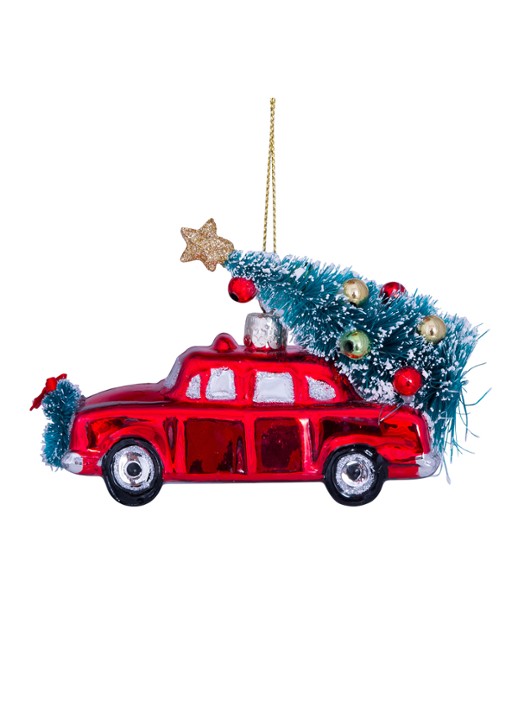 Vondels Auto met Kerstboom kersthanger 7,5 cm - detail 4 rood