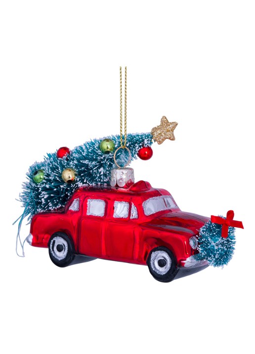 Vondels Auto met Kerstboom kersthanger 7,5 cm - detail 5 rood