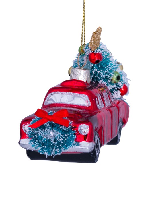 Vondels Auto met Kerstboom kersthanger 7,5 cm - detail 6 rood