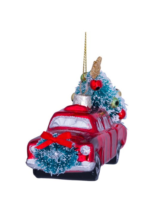 Vondels Auto met Kerstboom kersthanger 7,5 cm - voorkant 2 rood
