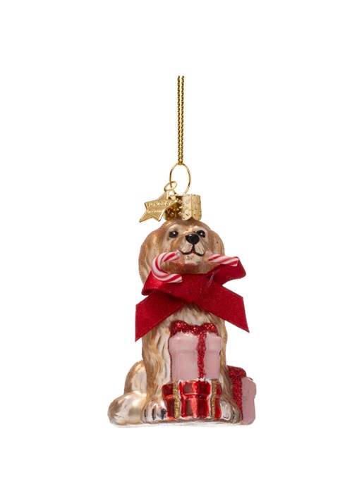 Vondels Cockapoo hond met zuurstok kersthanger 7,5 cm - voorkant 2 bruin
