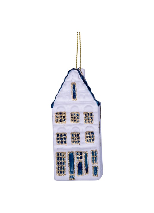 Vondels Delfts Blauw Grachtenpand kersthanger 8 cm - detail wit