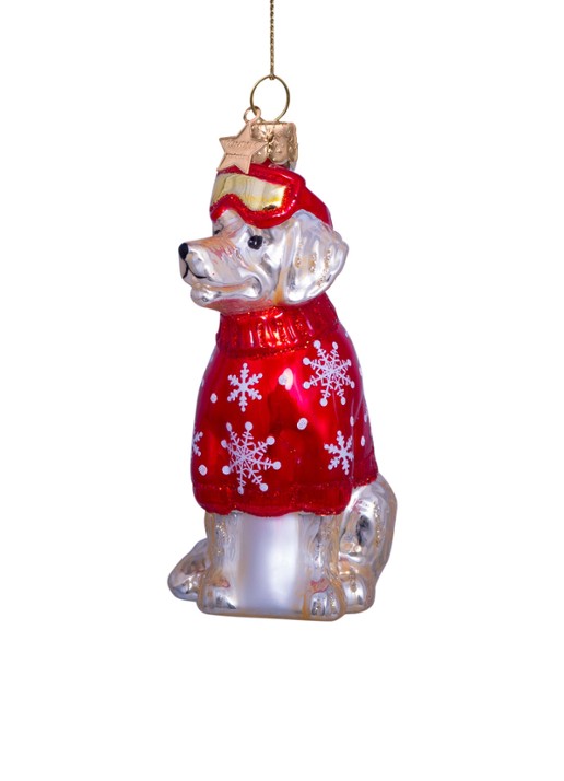 Vondels Golden retriever in ski outfit kersthanger 9,5 cm - detail 2 rood