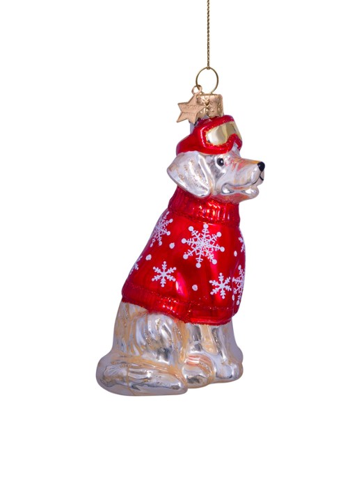 Vondels Golden retriever in ski outfit kersthanger 9,5 cm - detail 4 rood