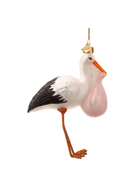 Vondels Ooievaar Met Baby kersthanger 11,5 cm - voorkant 3 roze