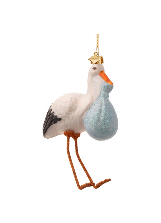 Vondels Ooievaar Met Baby kersthanger 11,5 cm - voorkant 2 blauw