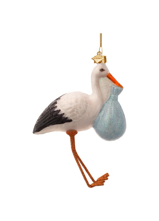 Vondels Ooievaar Met Baby kersthanger 11,5 cm - voorkant 3 blauw