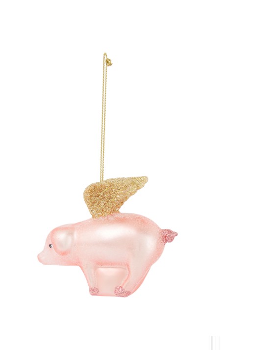 Vondels Pink Pig With Gold Wings kersthanger 7,5 cm - voorkant 2 roze