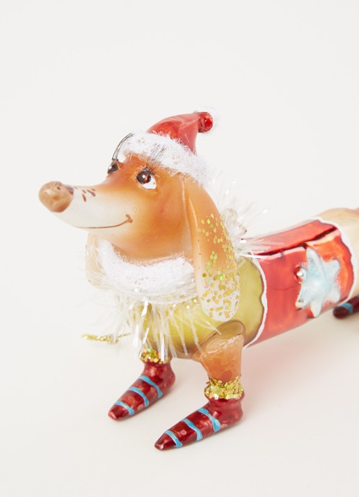 Vondels Teckel Met Kerstmuts kersthanger 9,5 cm - detail lichtbruin