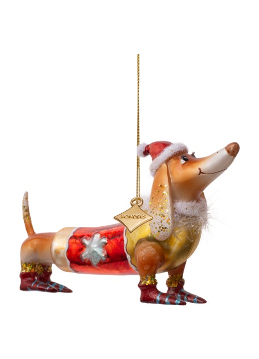 Vondels Teckel met kerstmuts kersthanger 9 cm - voorkant 2 bruin