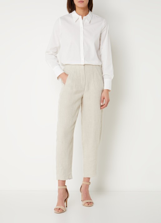 Whistles Barrel mid waist cropped tapered pantalon van linnen met steekzakken - voorkant 3 beige