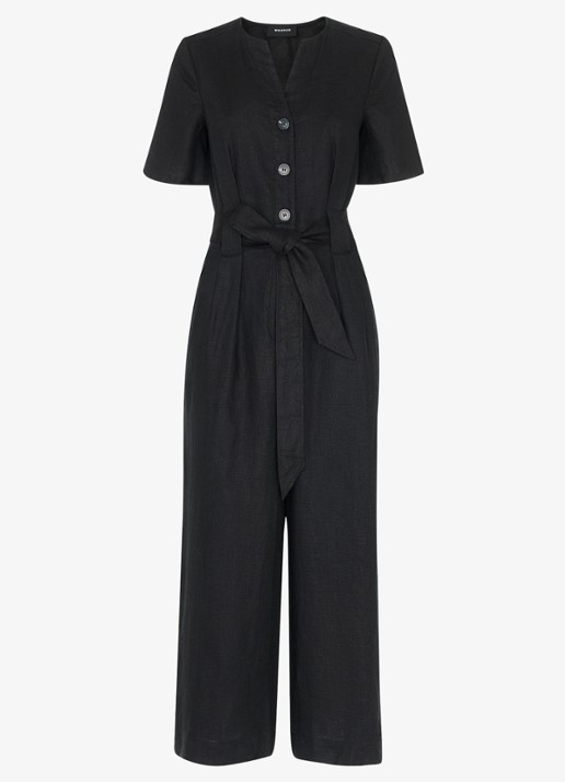Whistles Fiona loose fit jumpsuit van linnen met strikceintuur - voorkant 2 zwart