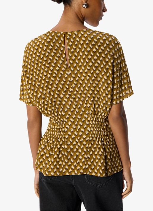 Whistles Ikat top met smockwerk en print - achterkant 4 bronsgroen