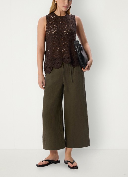 Whistles Mid waist cropped loose fit broek van linnen  - voorkant 4 bronsgroen
