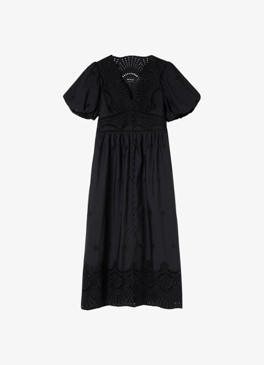 Whistles Midi blousejurk met broderie en pofmouw - voorkant zwart