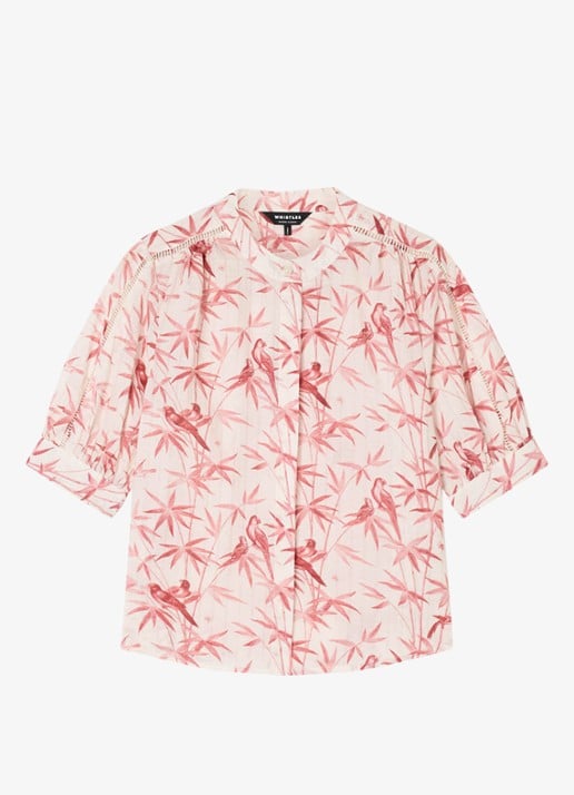 Whistles Tropical Print blouse met opengewerkt detail - voorkant donkerroze