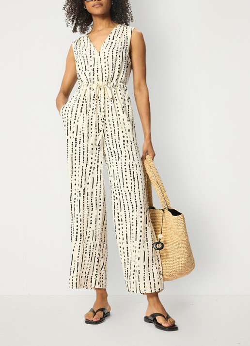 Whistles Wide fit jumpsuit met stippenprint - voorkant 6 creme
