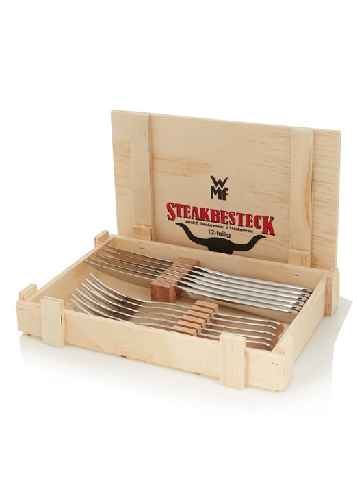 WMF Steakbestekset 12-delig in kist van hout - detail zilver