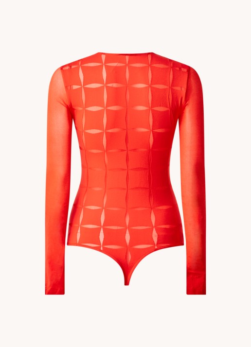 Wolford Anniversary stringbody met mesh - achterkant steenrood