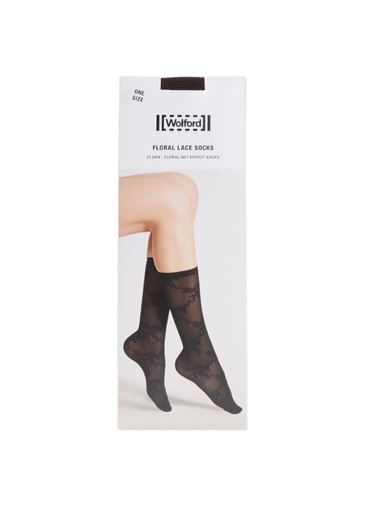 Wolford Floral Lace sokken van kant - voorkant donkerbruin