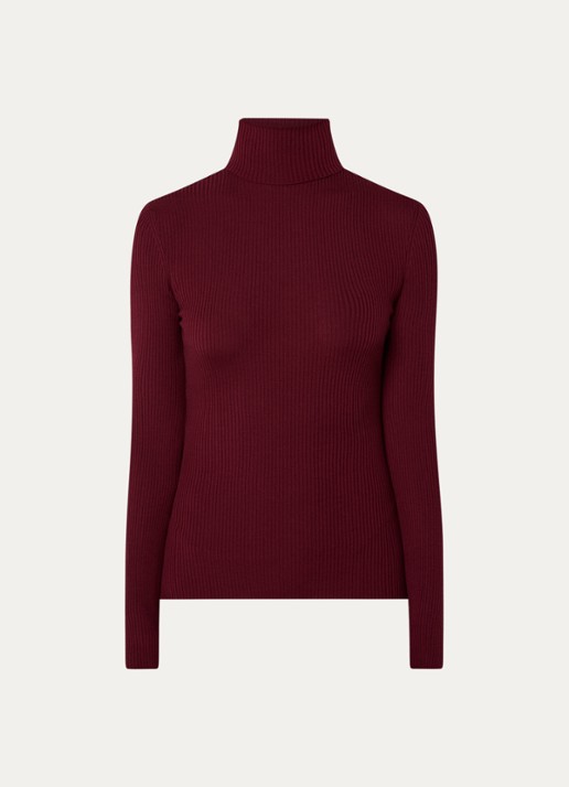 Wolford Merino ribgebreide trui van wol met col - voorkant bordeauxrood