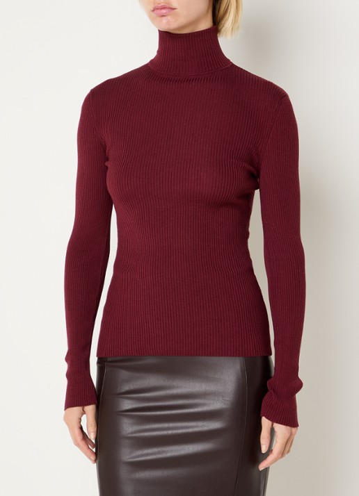 Wolford Merino ribgebreide trui van wol met col - detail 4 donkerrood