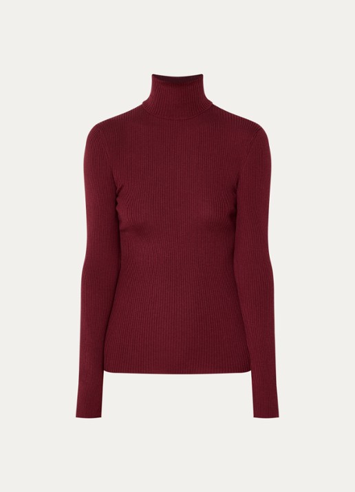 Wolford Merino ribgebreide trui van wol met col - voorkant 2 donkerrood