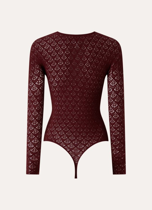 Wolford Mermaid stringbody met opengewerkt dessin  - achterkant 3 bordeauxrood