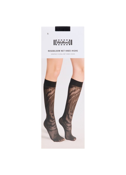 Wolford Rosebloom kniekousen met opengewerkt dessin - voorkant zwart