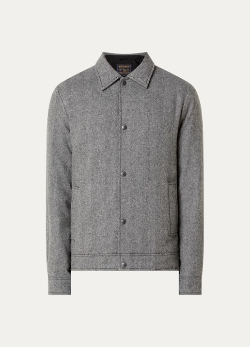 Woolrich Gewatteerd overshirt in wolblend met print - voorkant grijsmele